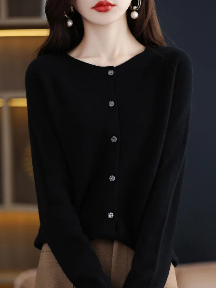Long Sleeve 100% Merino Wool Sweaters Cashmere Cardigan Spring Autumn Women O-Neck Knitwear Tops Clothing Fashion Basic Tops