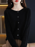 Long Sleeve 100% Merino Wool Sweaters Cashmere Cardigan Spring Autumn Women O-Neck Knitwear Tops Clothing Fashion Basic Tops