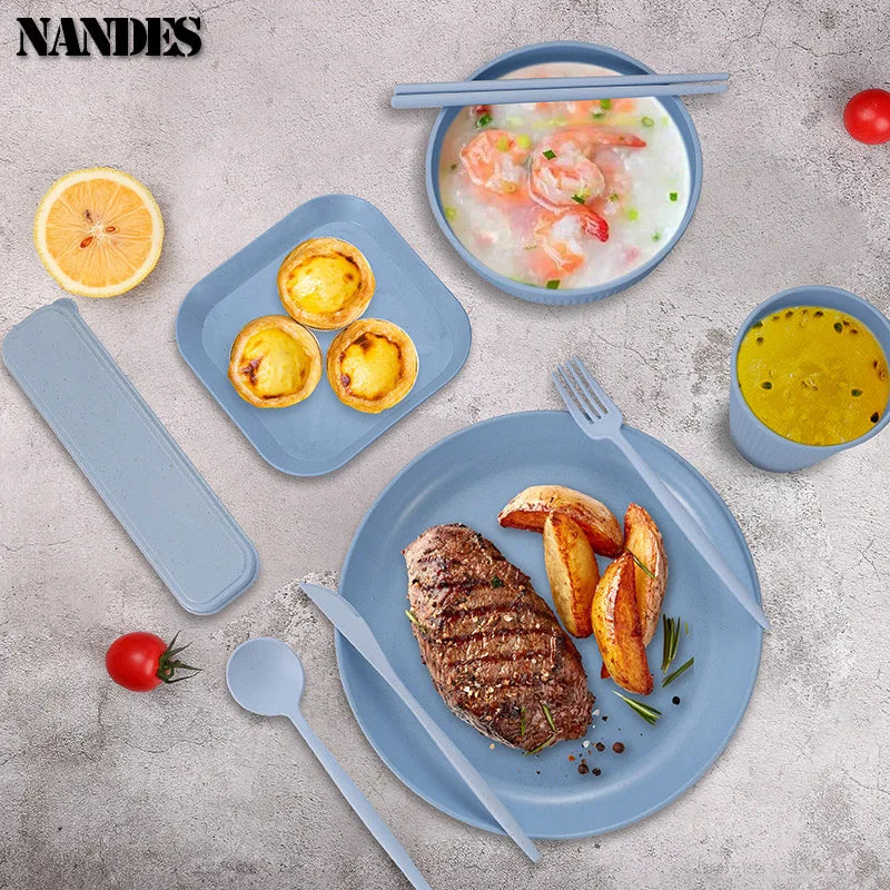 36pcs Plate Sets Wheat Straw Eco-Friendly Ramen Bowl Tableware Dinner Dishes Set Camping Tableware Set With Knife Fork Spoon