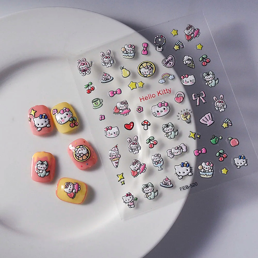 Sanrio Anime 5D Nail Stickers Hello Kitty Kurome Cartoon Stickers Nail Decoration Cute Melody Nail Art Decals Nail Art Supplies