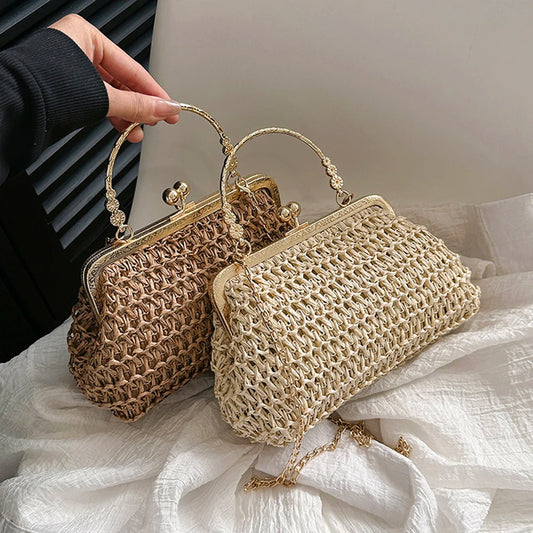 Bolsos de paja para playa de verano, exquisitos bolsos de fiesta con cadena dorada, bolsos de mano tejidos a mano, bolsos de mano para mujer, bolsos cruzados de hombro