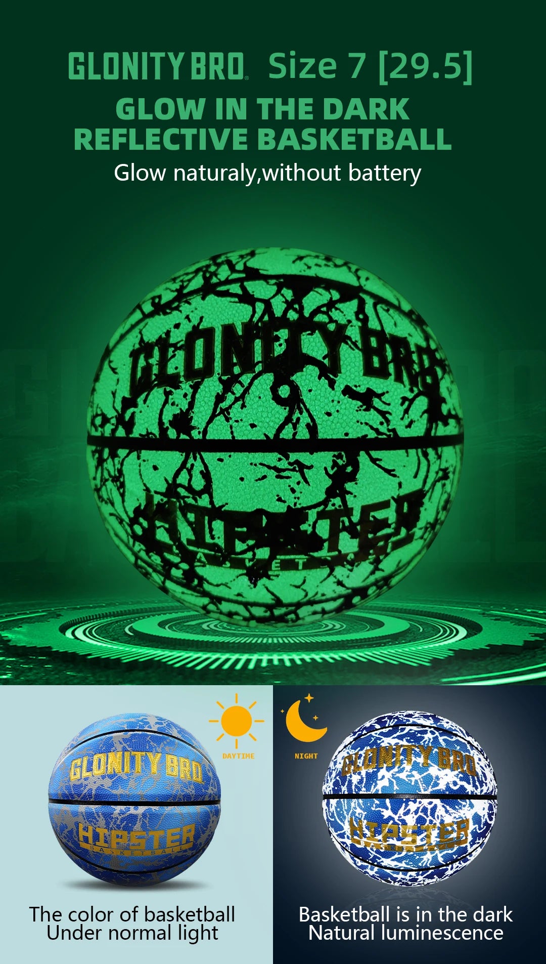 Glowing Basketball Leather Luminous Wear-Resistant Ball Size 5/6/7-27.5/28.5/29.5'' For Youth,In&Outdoor Basketball Night Game