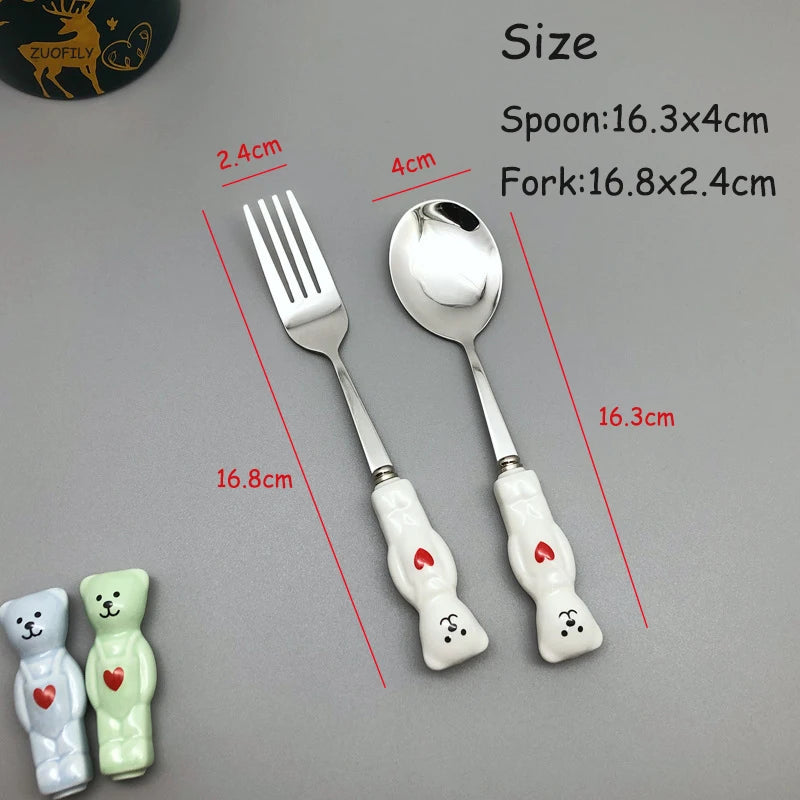 New Cute Bear Spoon Fork Ceramic Dessert Milk Fruit Salad Spoons Cartoon Flatware Kid Cutlery Tableware School Picnic Dinnerware