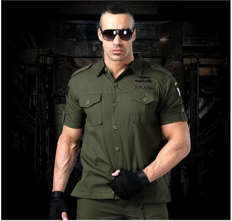 Short Sleeved Shirts Men Tactical T-shirt Spring Summer Workwear Cotton Vintage Shirt  Army Embroidery Pocket Cargo Tees
