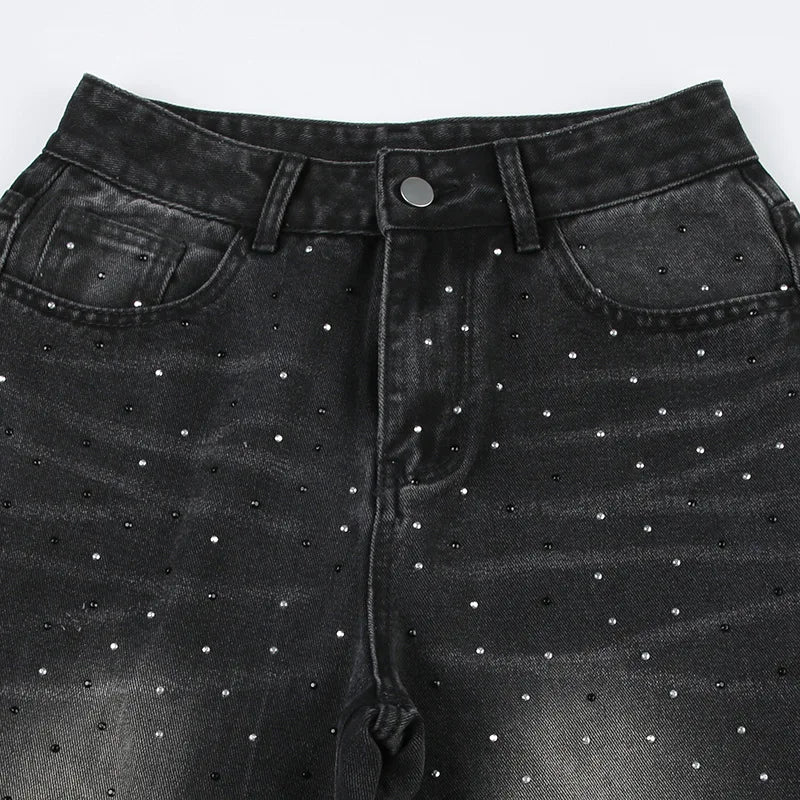 BKQU - Pantalones vaqueros rectos y holgados para mujer, cintura alta, pierna ancha, con diamantes de imitación, largos, moda urbana 2021, pantalones brillantes con diamantes