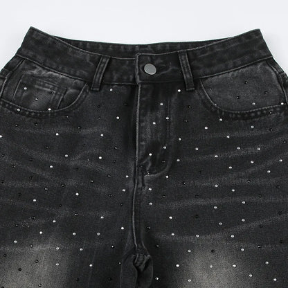 BKQU Straight Baggy Jeans Women High Waist Wide Leg Rhinestones Denim Long Pants 2023 Fashion Streetwear Diamonds Shinny Trouser