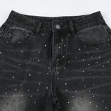 BKQU - Pantalones vaqueros rectos y holgados para mujer, cintura alta, pierna ancha, con diamantes de imitación, largos, moda urbana 2021, pantalones brillantes con diamantes