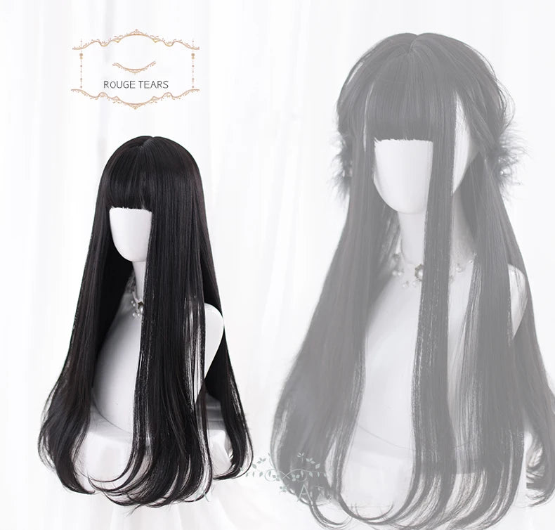 AS Long Straight Black Synthetic Wig For Women With Bangs Black Cosplay Lolita Wigs Heat Resistant Natural Hair