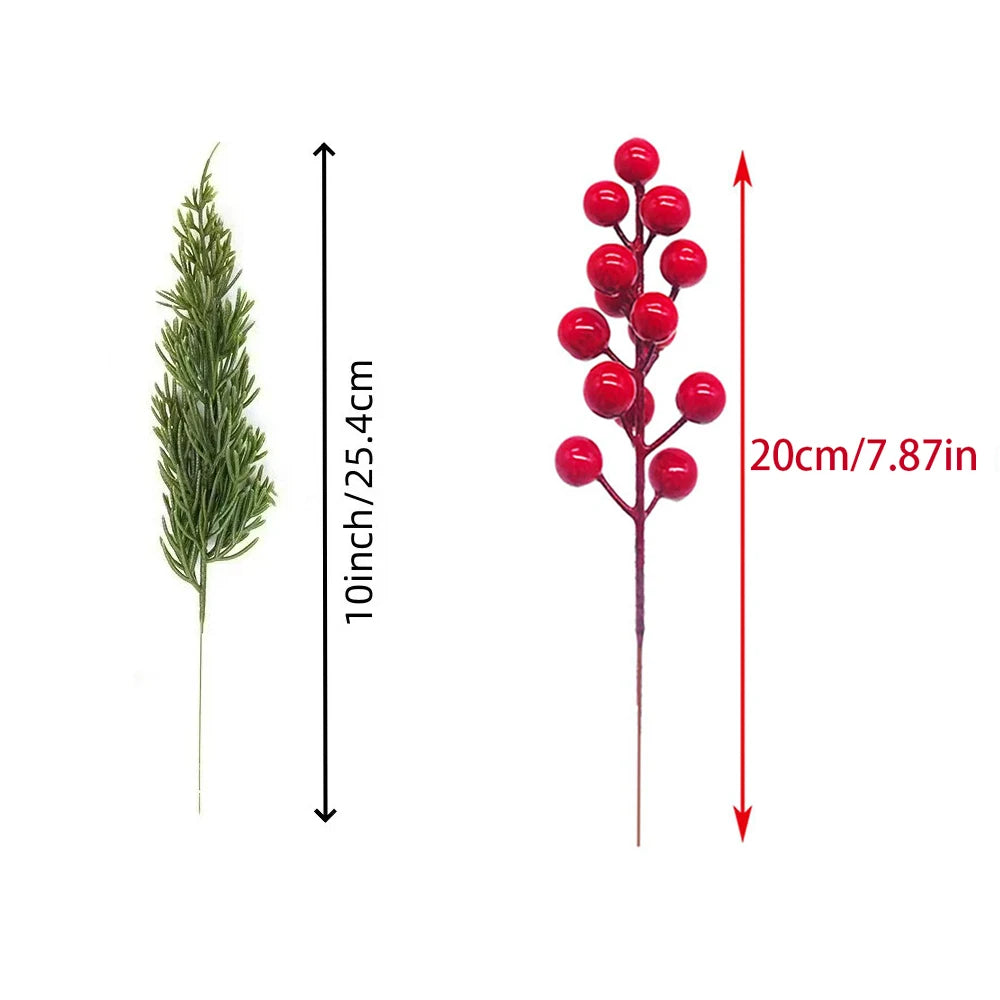 15pcs Artificial Pine Branches with Red Berry Stems Faux Christmas Greenery Pine Cypress DIY Craft Garland Home Christmas Decor