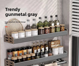Gunmetal Space Aluminum Kitchen Storage Rack - No-Drill Wall Mounted Multi-Functional Organizer for Spice Jars and Knives