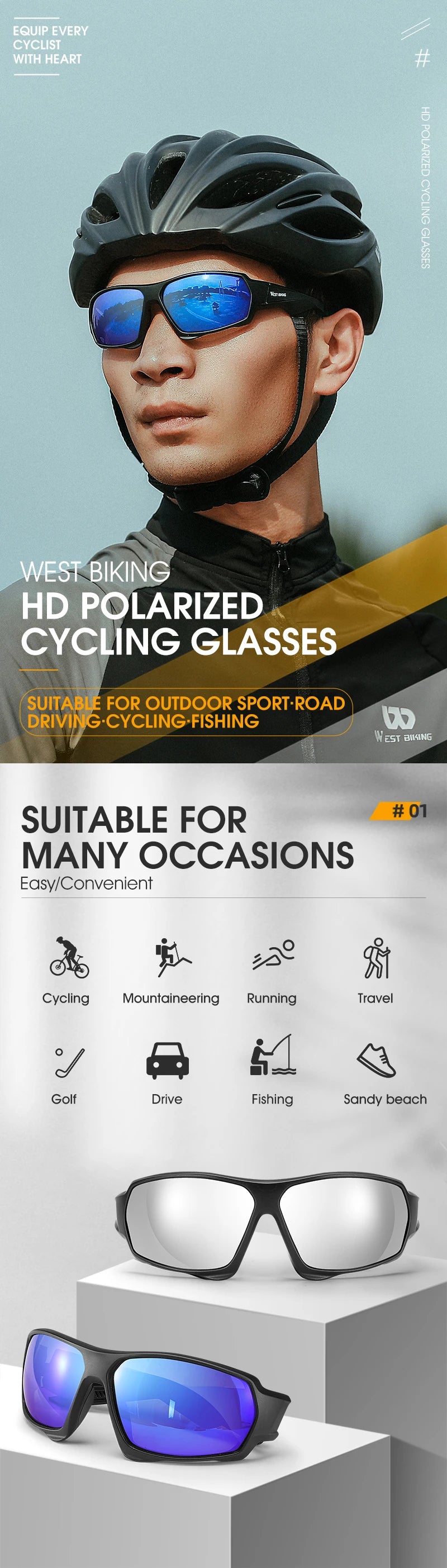 WEST BIKING HD Polarized Cycling Sunglasses UV400 Protection MTB Road Bike Eyewear Men Outdoor Sport Bicycle Fishing Glasses
