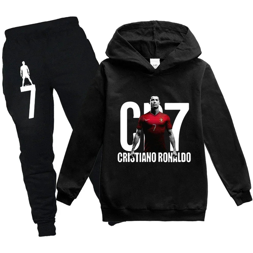 Kids' Hooded Hoodie + Pants Set for Boys 3-12 Years, Spring Autumn Sweatshirt Football CR7 Tracksuit Children Holiday Sportswear
