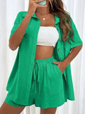 2 Pieces Women Sets Summer Solid Color Short Sleeve Open Stitch Button Blouse+Shorts Casual Women's Set Clothing