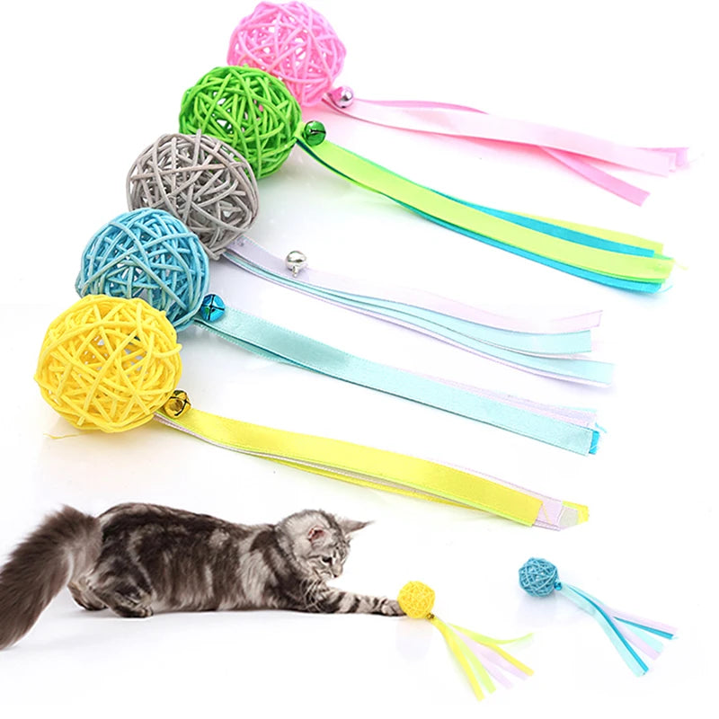 Juguete para gatos, serpentina de bolas de ratán multicolor, campana de cola, juego interactivo, suministros para mascotas