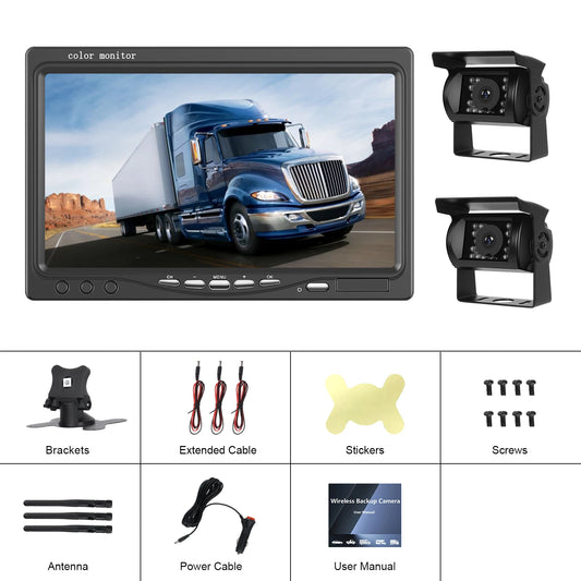 LeeKooLuu Wireless Dual Backup Reversing Cameras and 7" IPS Car Monitor IR Night Vision Rear View Camera for RV Truck Trail Bus