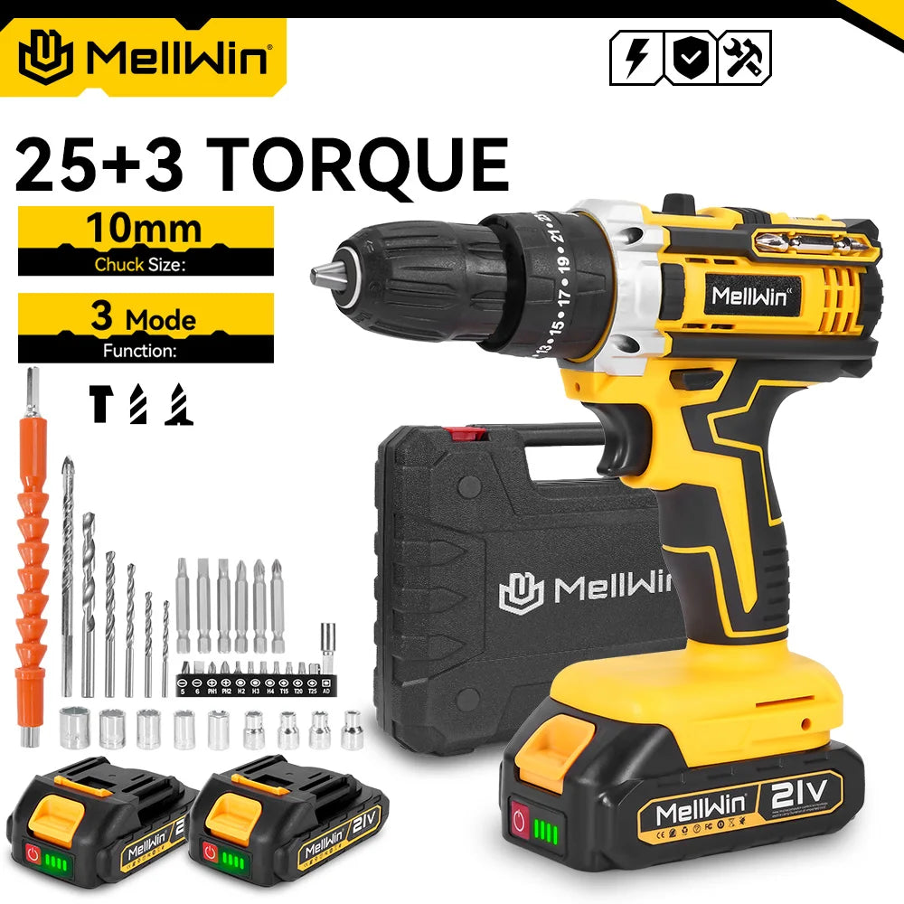 MELLWIN 25+3 Torque Electric Impact Drill 2 Gear Speed Adjustable Cordless Electric Screwdriver Power Tool For 21V-18V Battery