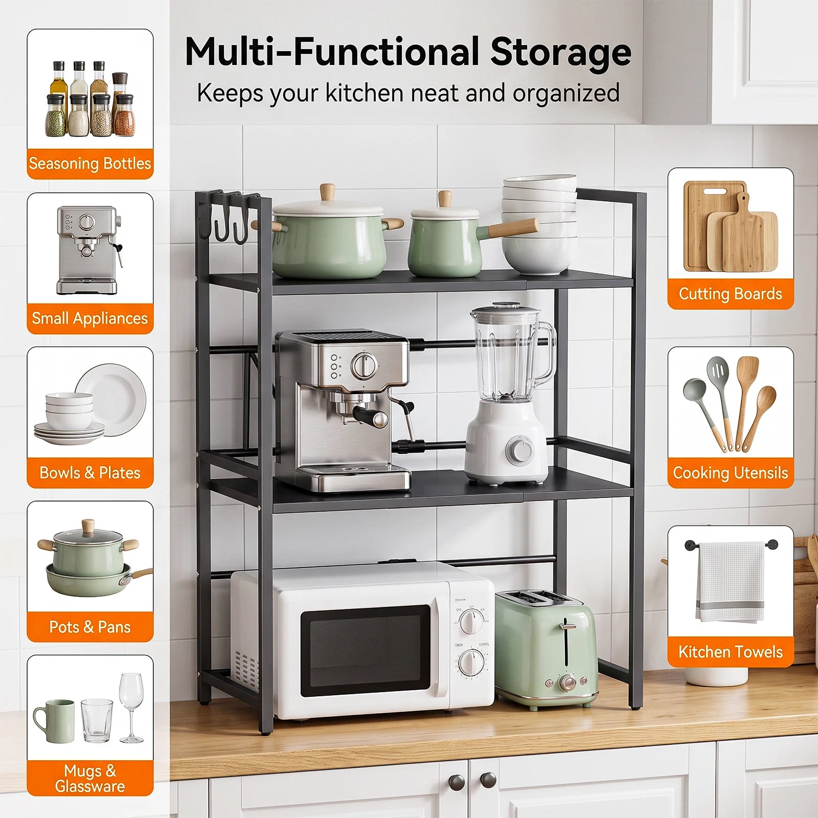 3-Tier Microwave Oven Rack Shelf Kitchen Countertop Oven Rack Expandable Seasoning Storage Rack Stand Storage Tableware Racks