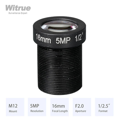 Cámaras de seguridad CCTV con apertura F2.0, HD, 5 MP, M12, 8 mm, 12 mm, 16 mm y lente de montura de 1/0,5" 