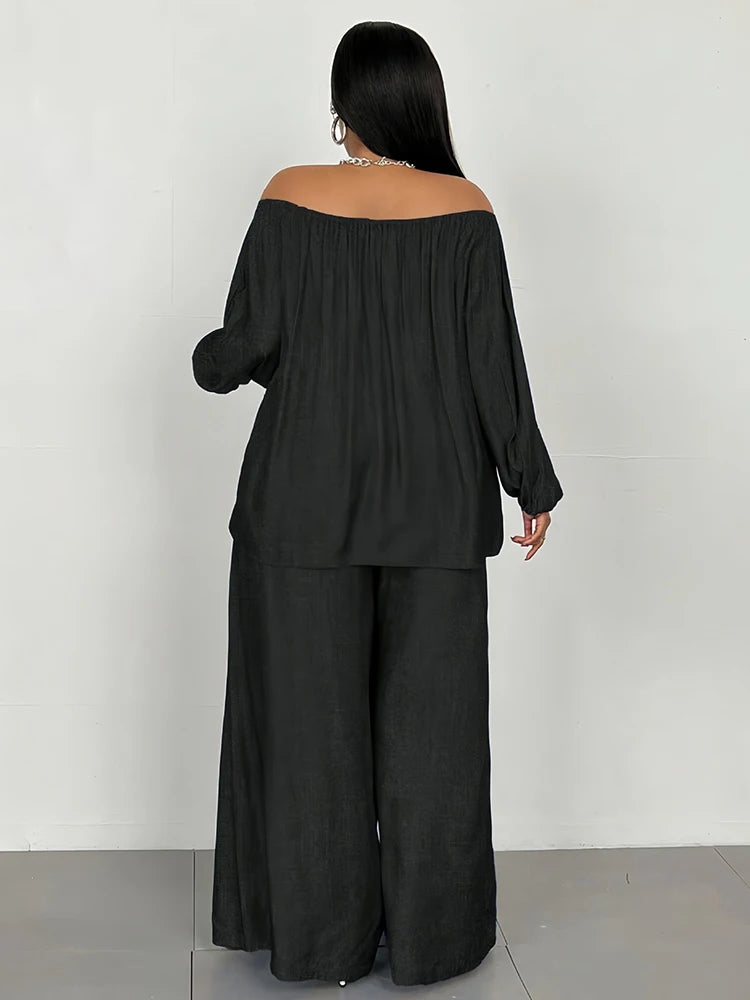 2piece Wide Legs Fake Jeans Suits for Women Plus Size Spring Outfits Off Shoulder Top and Pants Sets Wholesale Dropshipping