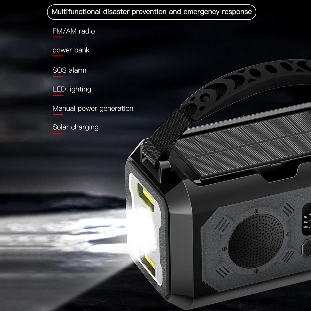 Radio multifunción solar de 12000 mAh con manivela, radio meteorológica de emergencia, lámpara de lectura, banco de energía, alarma SOS para acampar, senderismo, tiendas de campaña