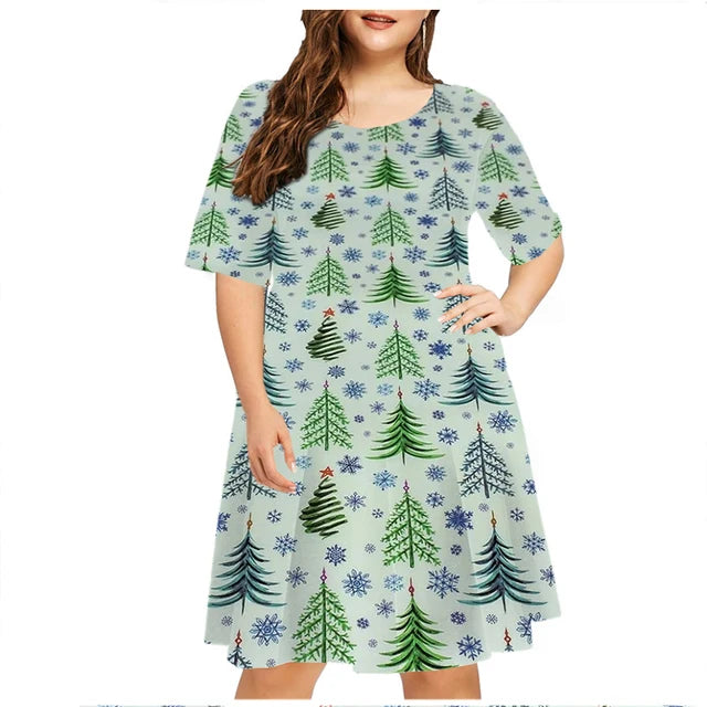 Vestido estampado de Natal de manga comprida feminino, decote em O, neve, solto, plus size, 6XL, roupas de moda, ano novo, verão, 2023