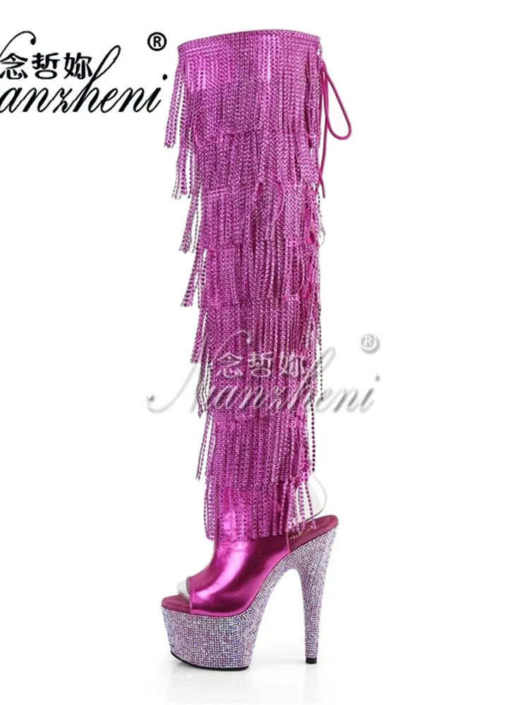 Tacones góticos exóticos, botas de plataforma de 17cm con flecos para fiesta, zapatos fetiche sexis para mujer, modelos góticos de baile en barra, diamantes de imitación para club nocturno