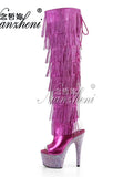 Tacones góticos exóticos, botas de plataforma de 17cm con flecos para fiesta, zapatos fetiche sexis para mujer, modelos góticos de baile en barra, diamantes de imitación para club nocturno