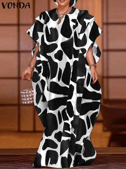 Plus Size VONDA Bohemian Summer Women Ruffled Maxi Dress Printed Long Sundress Casual Short Sleeve Loose Oversized Party Vestido