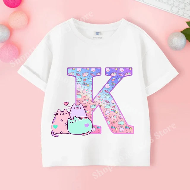 Pusheens-manga curta t-shirt para as meninas de a a z, anime gato, roupas de verão, esporte ao ar livre, novo, presente para as crianças, venda especial