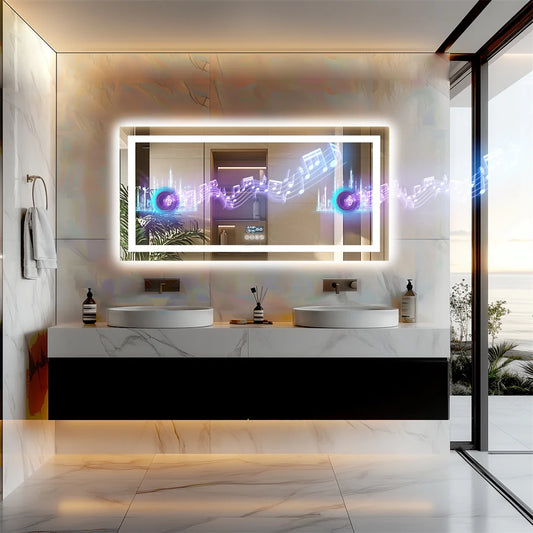 LUVODI Large Illuminated Bluetooth Bathroom Mirror Rectangle Anti-fog LED Bathroom Vanity Mirror with Bluetooth Speaker 3 Color