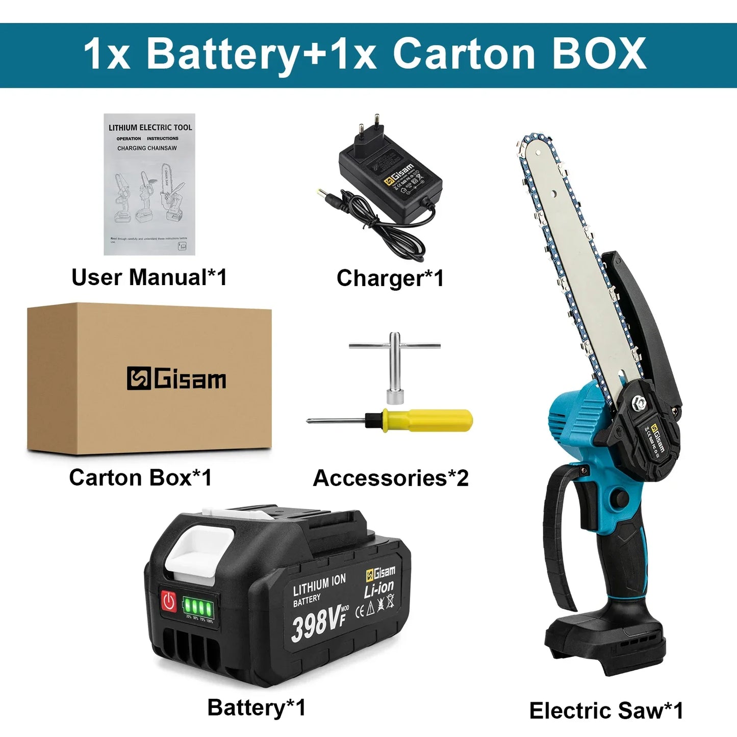 Gisam 8 Inch Brushless Electric Saw Cordless Chain Saw Handheld Garden Wood Logging Chainsaw Power Tools for Makita 18V Battery
