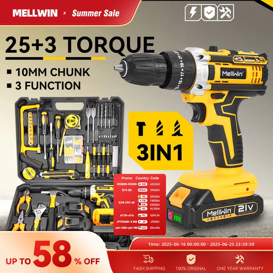 MELLWIN 25+3 Torque Electric Impact Drill 2-Speed Adjustable Cordless Electric Screwdriver Power Tool For 21V-18V Battery