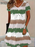 Striped Dresses Summer Elegant Women'S Clothing Fashion V-Neck Flower 3D Print Short Sleeve Dress 2025 New Plus Size Loose Dress