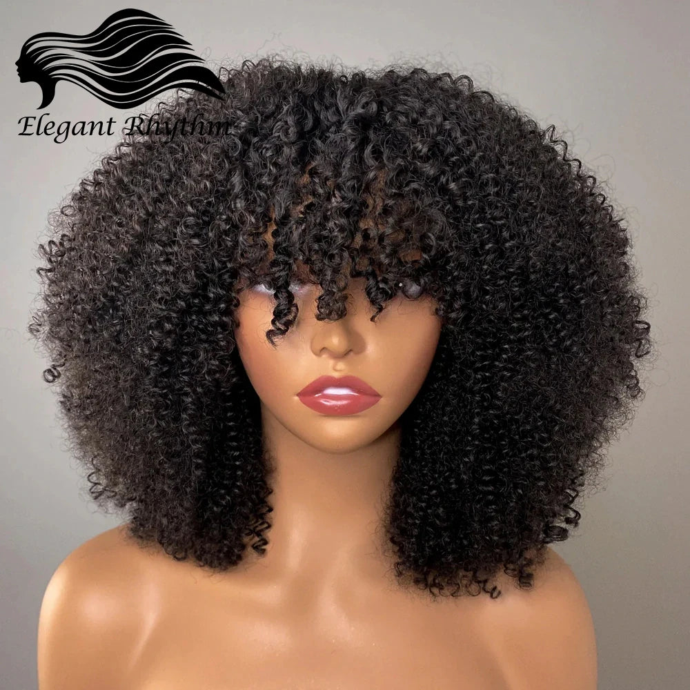 Afro Kinky Curly Wigs with Bangs 200% Density Brazilian Remy Human Hair Full Machine Made Wigs Short Afro Curly Wigs For Women