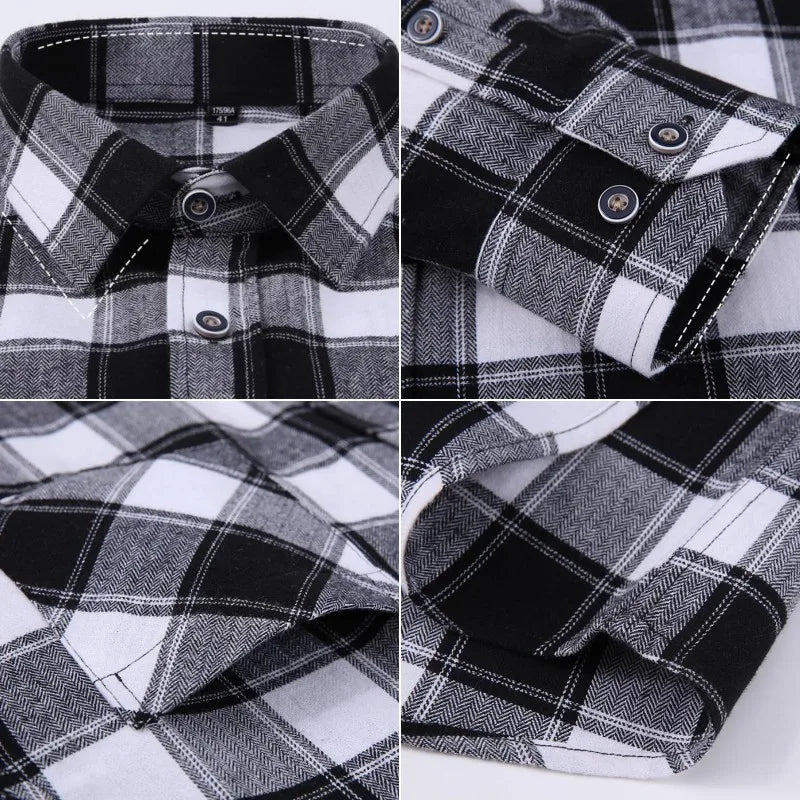 Men Fashion Long Sleeve Brushed Flannel Shirt Single Pocket Comfortable 100% Cotton Casual Slim Fit Button-down Plaid Shirts 8XL