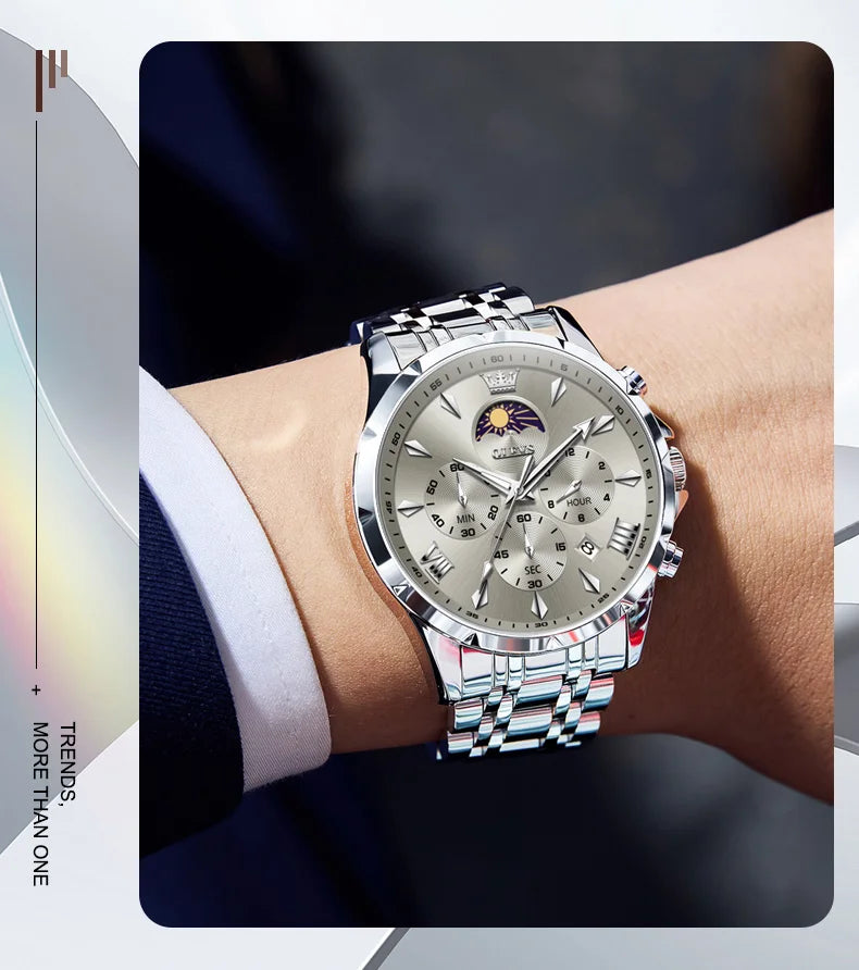 OLEVS 3653 Mens Watch Quartz Watch Multifunctional Chronograph Watch For Men 30M Waterproof Luminous Moon Phase Box Original