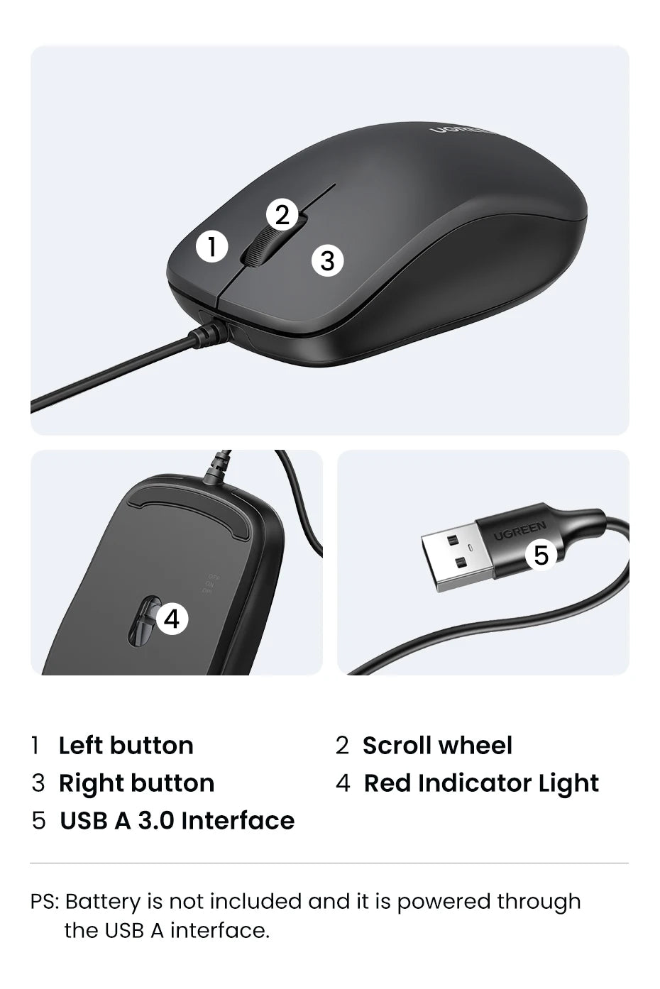 UGREEN USB Wired Mouse with Ergonomic Design 1200 DPI 3 Buttons Mouse for Laptops and PCs