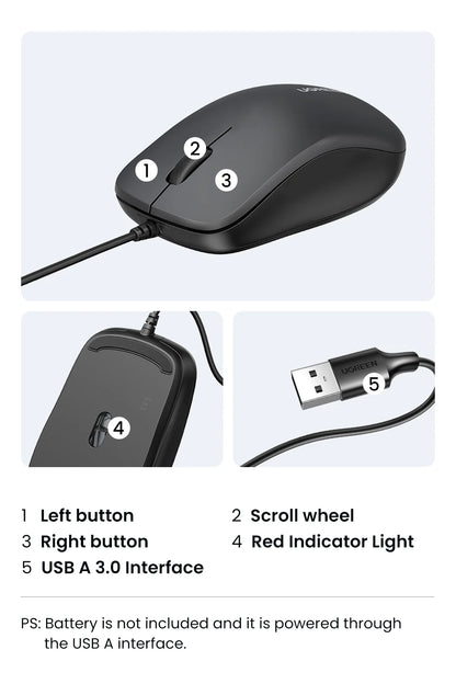 UGREEN USB Wired Mouse with Ergonomic Design 1200 DPI 3 Buttons Mouse for Laptops and PCs
