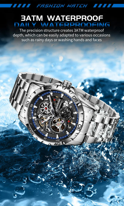 GLENAW Steampunk Skeleton - Reloj para hombre, anillo, relojes mecánicos automáticos de lujo, luminosos, resistentes al agua, correa de acero inoxidable