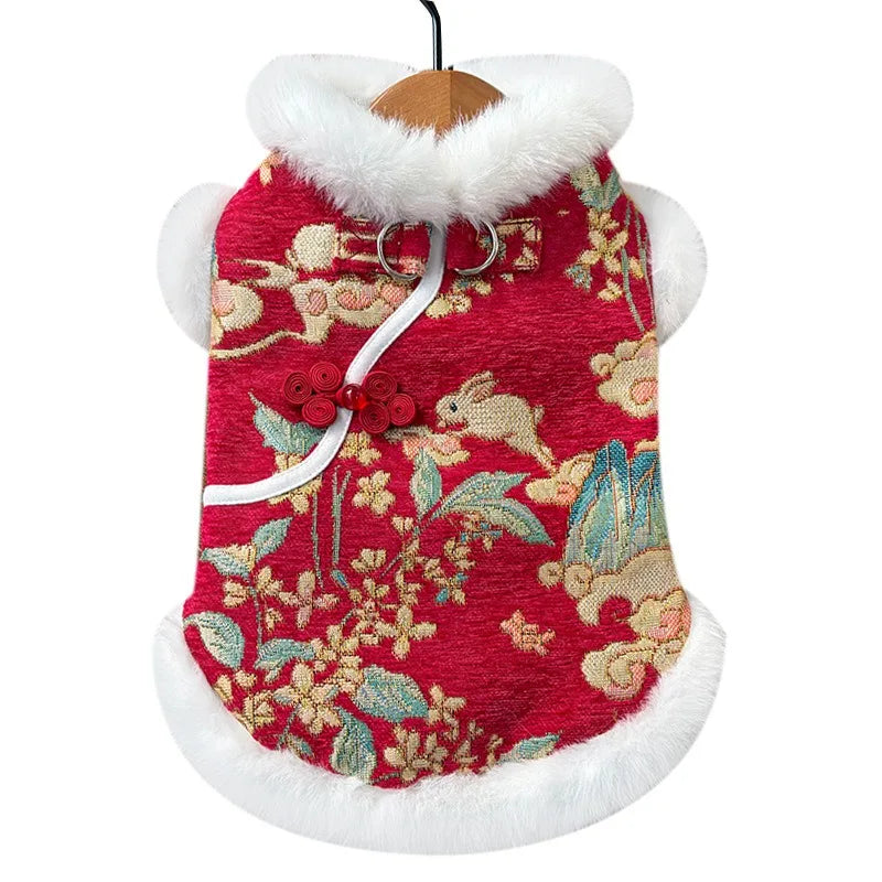 New Year Autumn Winter Double Layer Fleece Pet Clothes Chinese Style Jade Rabbit Design Warm Coat for Dogs Cats Festive Holiday