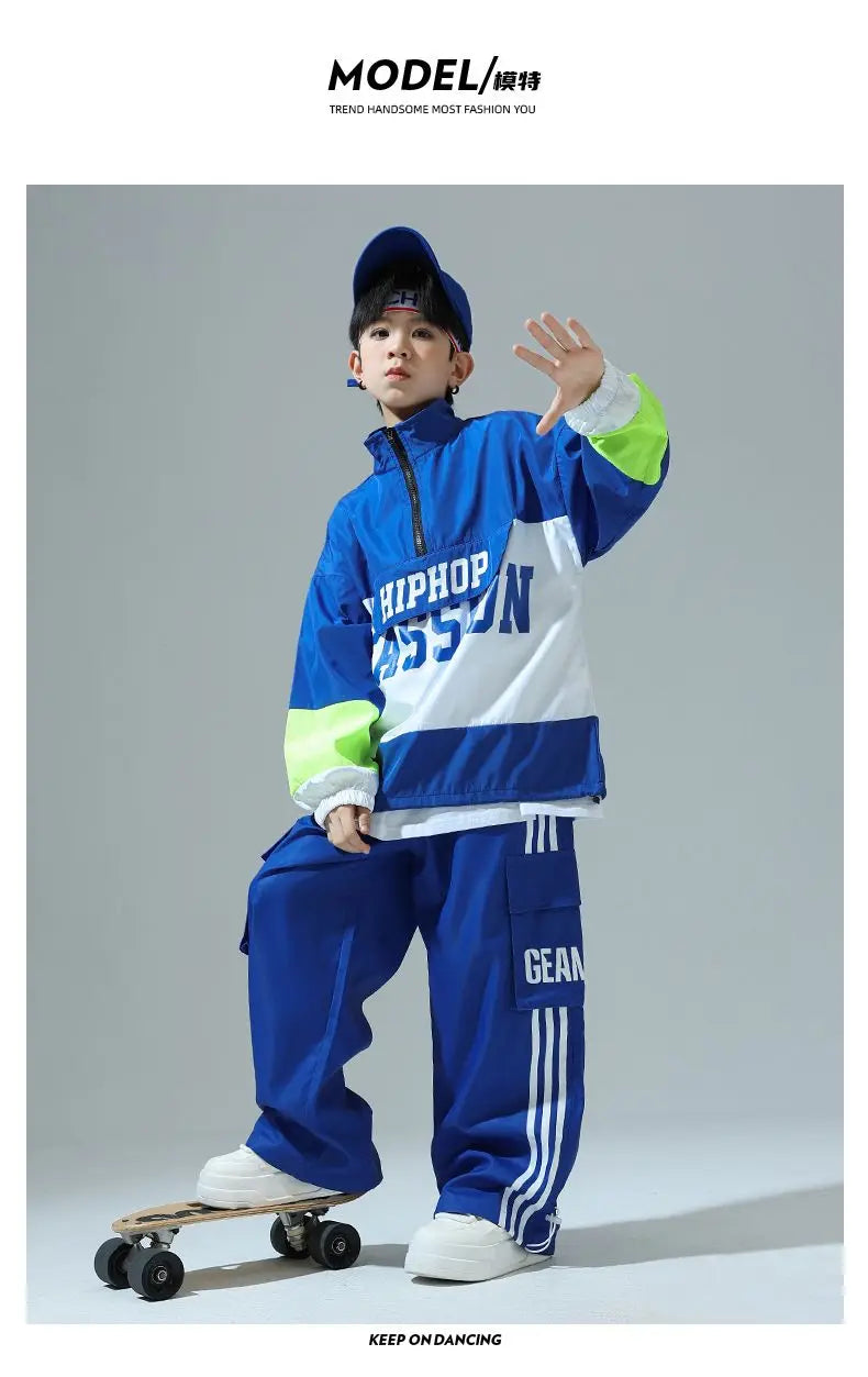 Boys Hip Hop Pullover Street Dance Cargo Pants Girls High Collar Sweatshirt Outfits Kids Jazz Sport Clothes Set Child Streetwear