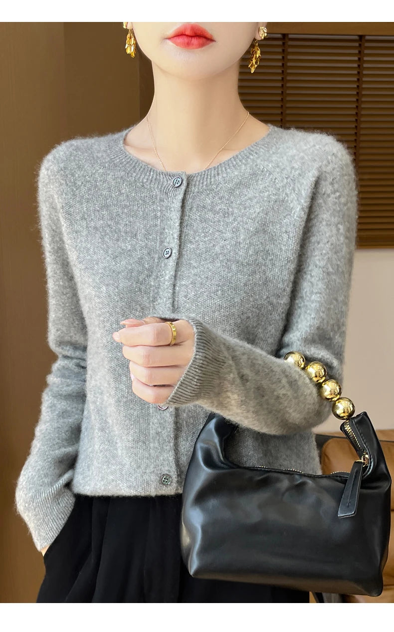 100% Merino Wool Long Sleeve Sweaters Cashmere Cardigan Spring Autumn Women O-Neck Knitwear Tops Clothing Fashion Basic Tops