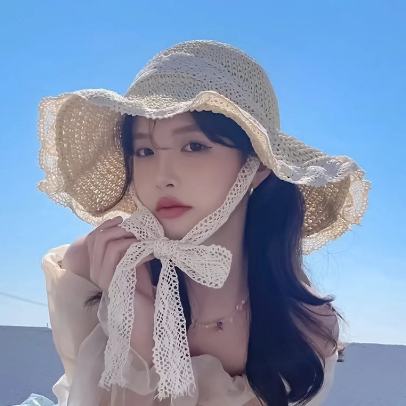 Women's Summer Beach Sun Hat Wide Brim Foldable Elegant Straw Hat for Pool Park Vacation Camping