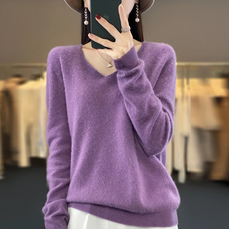 Suéter básico de otoño-invierno 2024 para mujer, 100 % lana merino, cuello en V, tejido de punto liso, jersey de oficina para mujer, manga larga, cachemir.