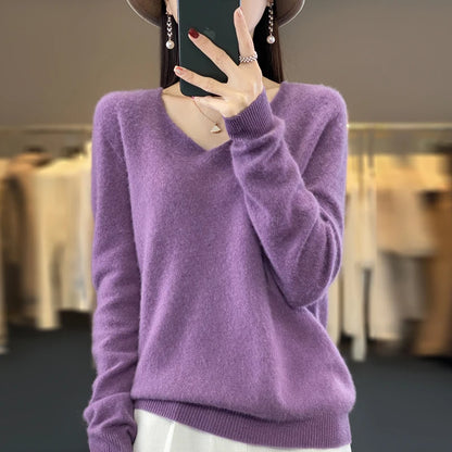 Suéter básico de otoño-invierno 2024 para mujer, 100 % lana merino, cuello en V, tejido de punto liso, jersey de oficina para mujer, manga larga, cachemir.