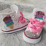 Dollbling Shell Simulation Canvas Shoes, DIY Bling Handmade Shoes, Mermaid Theme, Kids High Top Pearls Sneakers, Under the Sea 