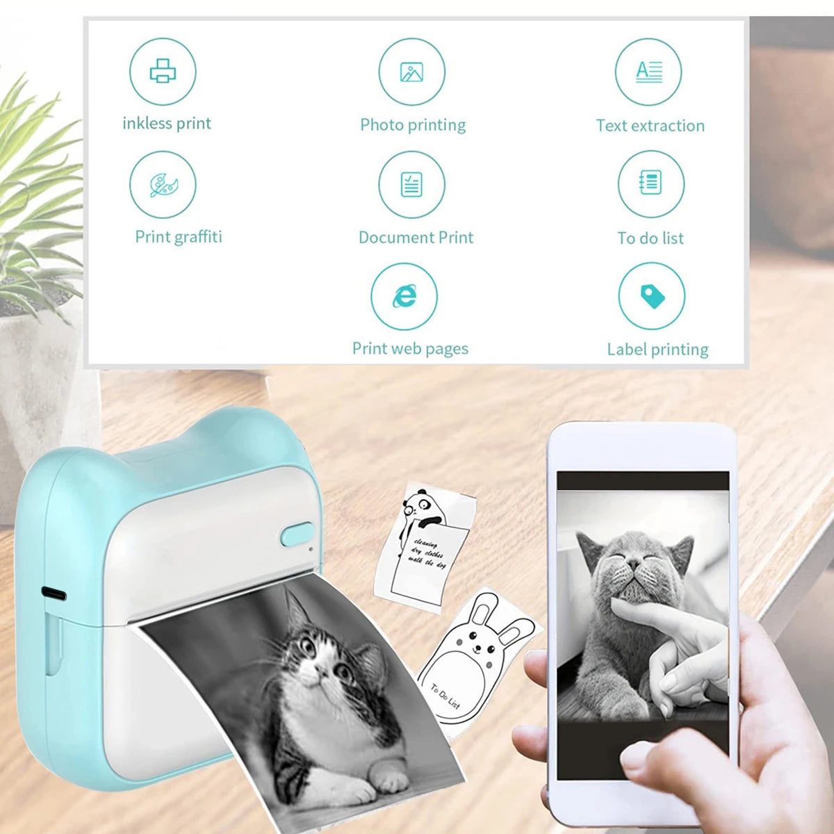 Mini Printer, Portable Thermal Printer Efficiently and Quickly, Inkless Pocket Photo Printer for Study Notes, Pictures, DIY