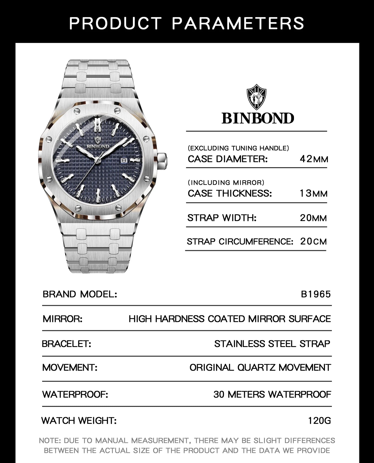 BINBOND Sturdy Stainless Steel Strap Quartz Wristwatches for Men Luxury Luminous Waterproof Auto Date Accurate Men's Watch Reloj