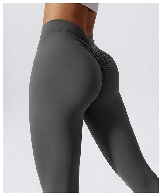 Pantalones de yoga con cintura en V y realce de cadera, color miel, melocotón, mallas deportivas sin incomodidad, pantalones largos con deformación de hilo en la cadera