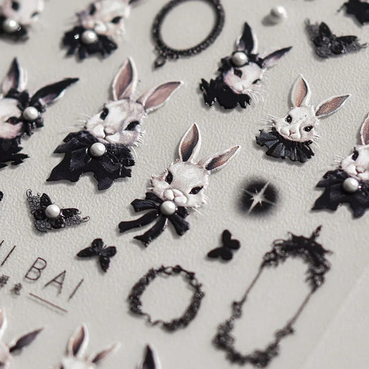 Pegatinas para uñas estilo punk japonés, diseño de conejo negro y mariposa oscura, 5D, perla, herramienta de manicura de alta calidad